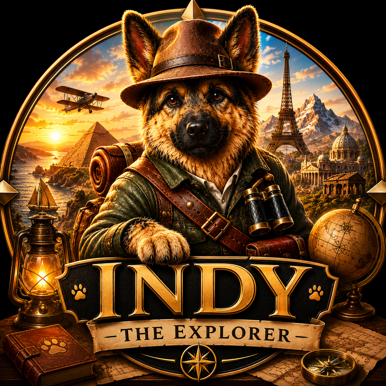 Indy surrounded by landmarks, maps and explorer equipment