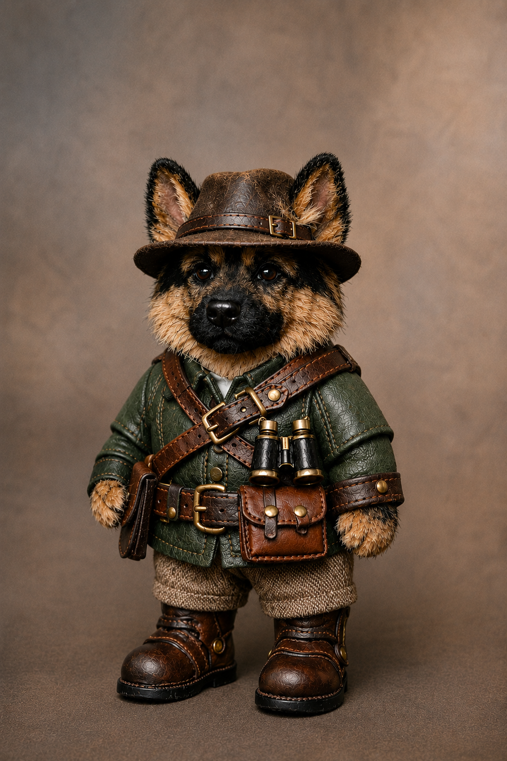 Indy wearing his explorer hat, field jacket, binoculars, satchel and boots